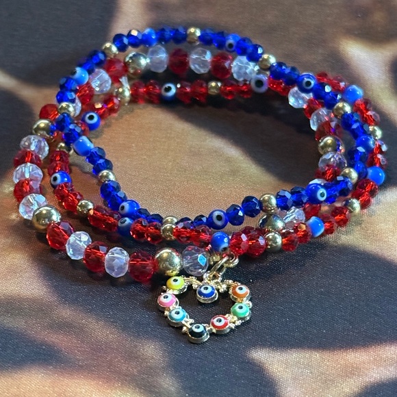 Multicolor Beaded Bracelet with Evil Eye Charm - Picture 1 of 5
